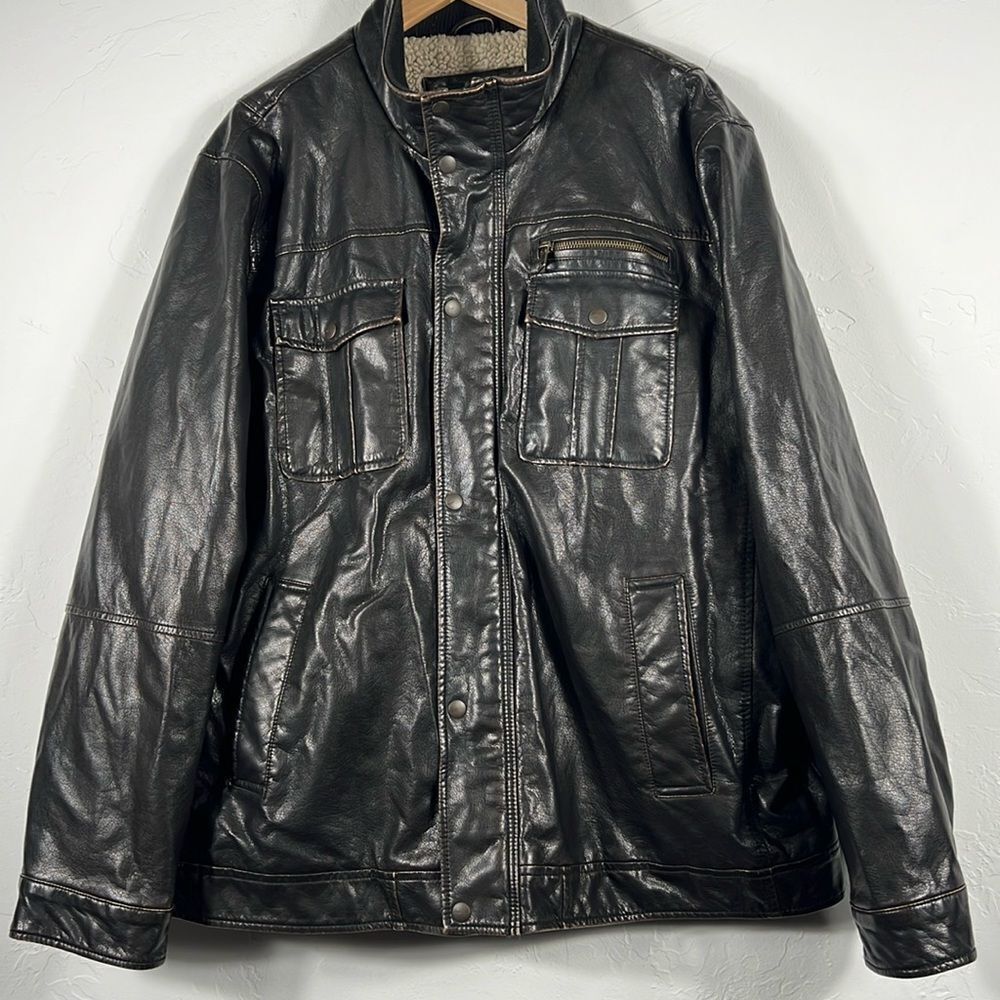 🔥🔥 GH BASS Men's Pleather Bomber Motorcycle Jacket Super Dark Brown Sz 2XL - EU